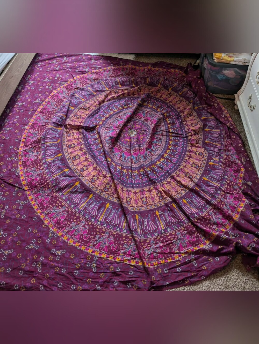 Nwot Boho Purple Elephant Mandala Tapestry Wall Hanging Bedspread Hippie Cotton